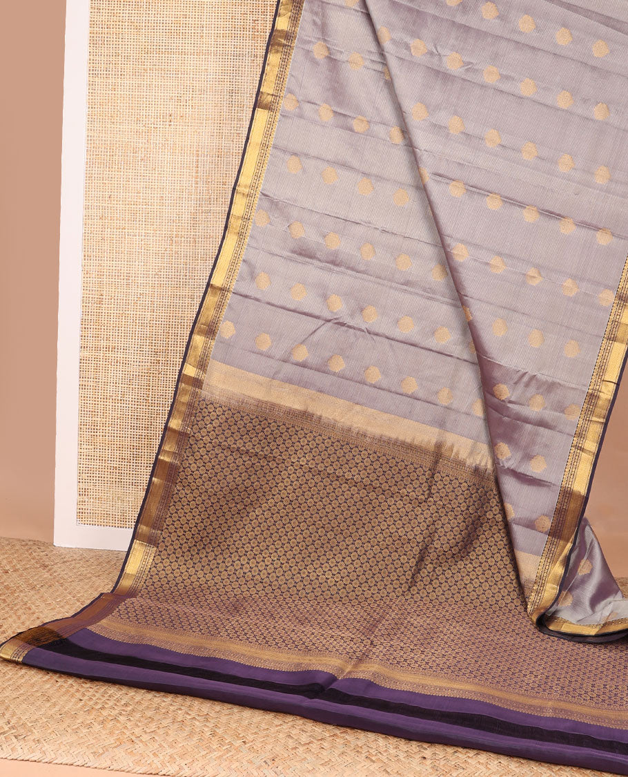 Grey striped, floral buttas vasundhara elite silk saree with contrast traditional zari design border & floral jaal design pallu