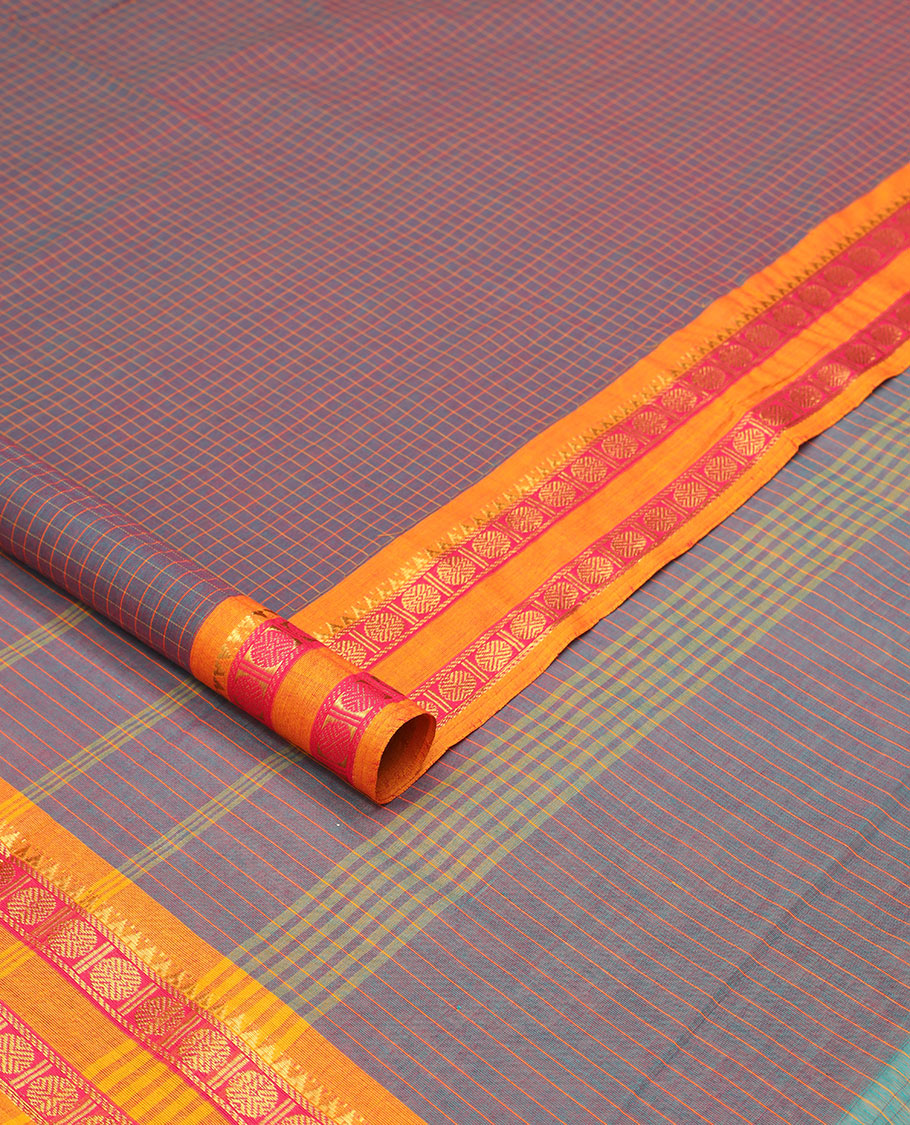Purple checked nine yards cotton saree with traditional zari design border & checked pallu