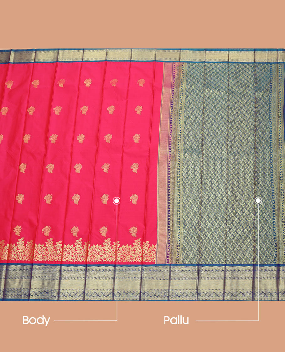 Pink Budget Silk Saree, Showcasing Zari Buttas All Over Its Body, Complemented by a Contrast Traditional Zari Design Border, Jaal-Patterned Pallu, and Paired with a Contrast Blouse