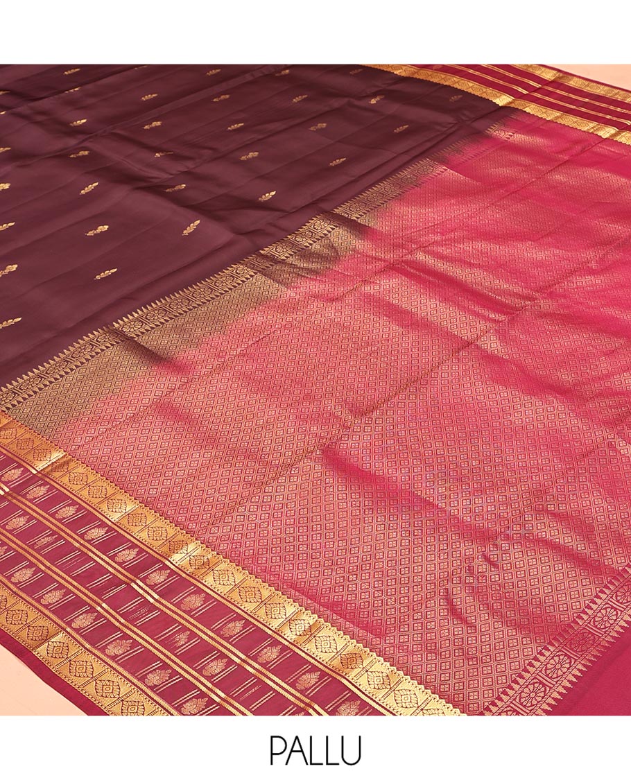 Brown Vasundhara Silk Mix Saree, Adorned with Zari Buttas All Over Its Body, Complemented by Contrast Border of Traditional Zari Designs, Grand Jaal Pallu and Paired with a Contrast Blouse