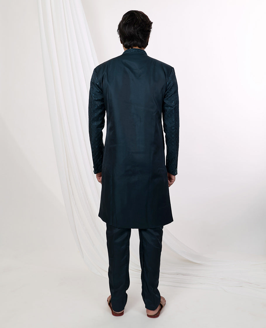 Dark blue floral thread embroidery with sequins work mandarin collar & full-sleeve long raw silk kurta