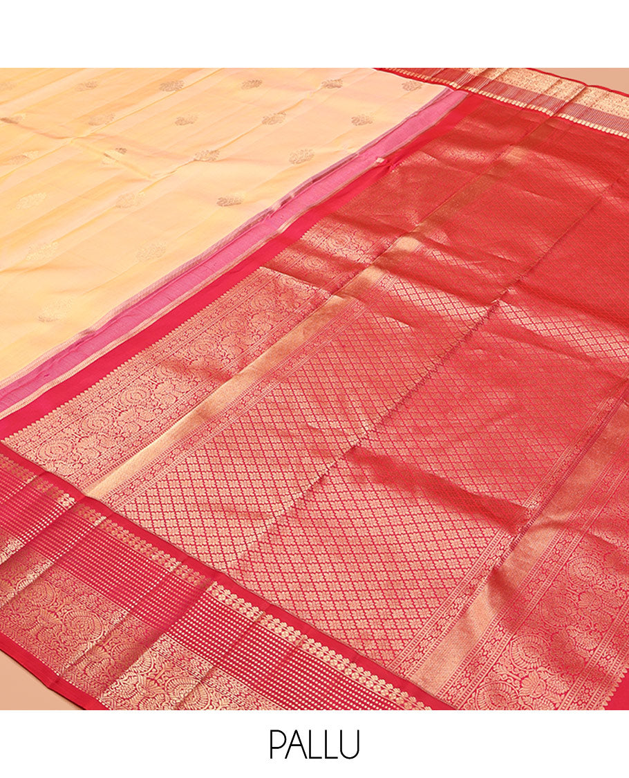 Yellow Vasundhara Silk Saree, Sparsely Woven with Zari Buttas, Complemented by Contrast Traditional Border, Jaal Pallu, and a Contrast Blouse