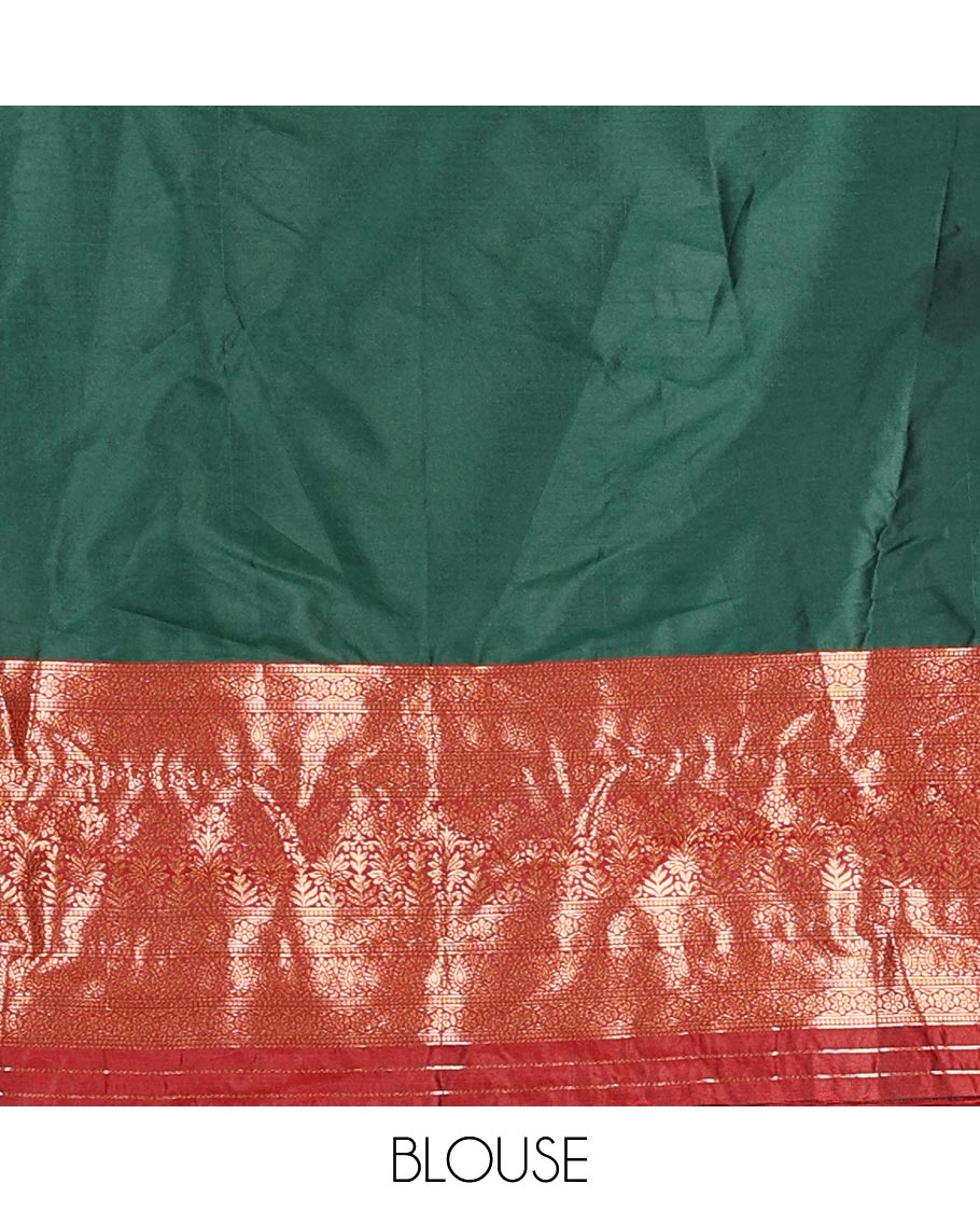 Dark green taffeta silk half saree, plain with contrast red traditional zari border, matching zari blouse, and contrast plain zari border dhavani