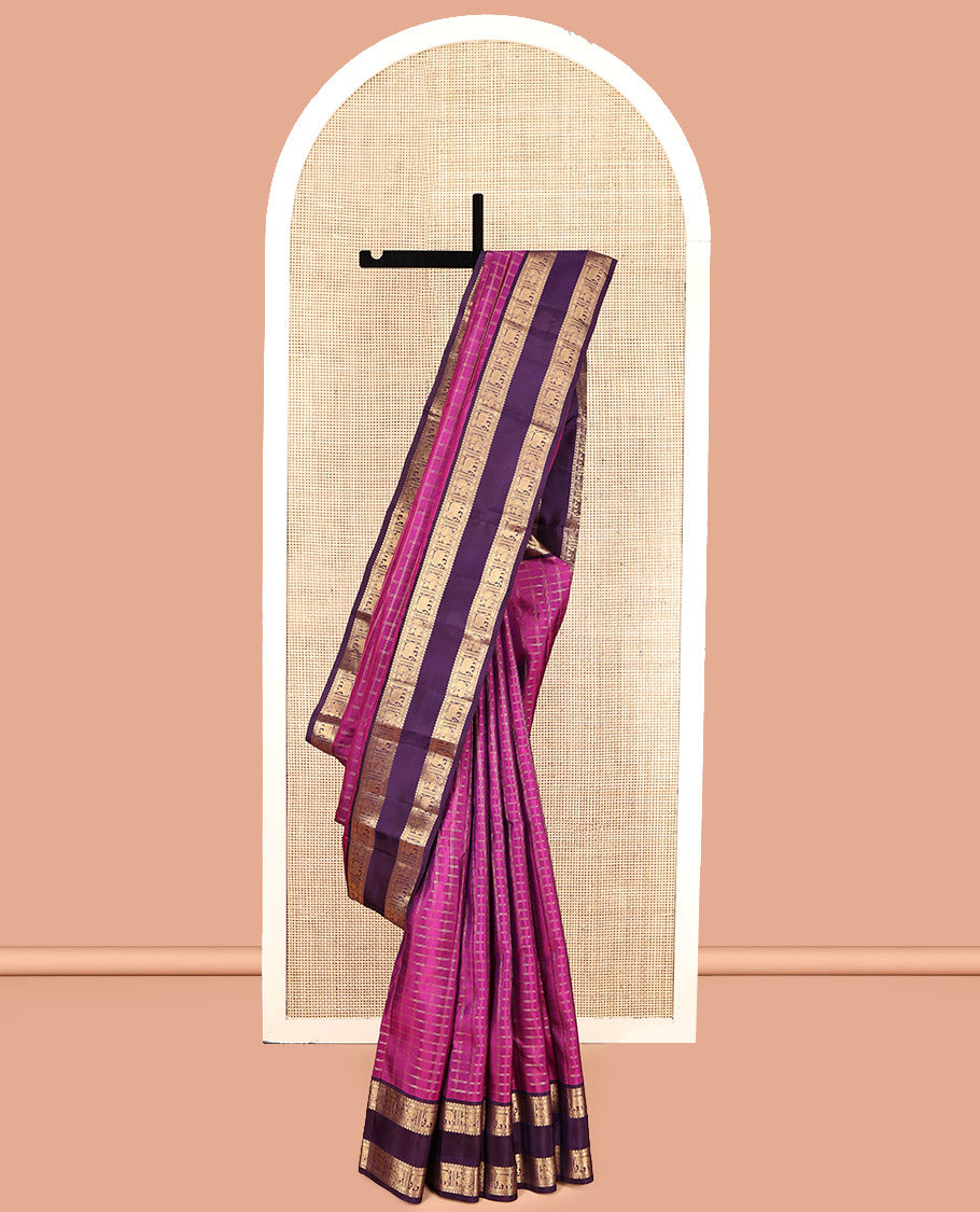 Pink Vasundhara Lite Silk Mix Saree, Woven with Zari Checks, Complemented by a Contrast Rettai Pettu Border of Thilakam Mokku, Yaanai, and Mayil, Jaal Pallu, and a Contrast Blouse
