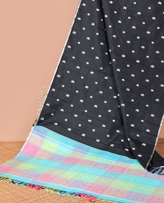 Black annam chakram buttas kancheepuram silk saree, piping zari border & animal butta enclosed multi-color checked pallu