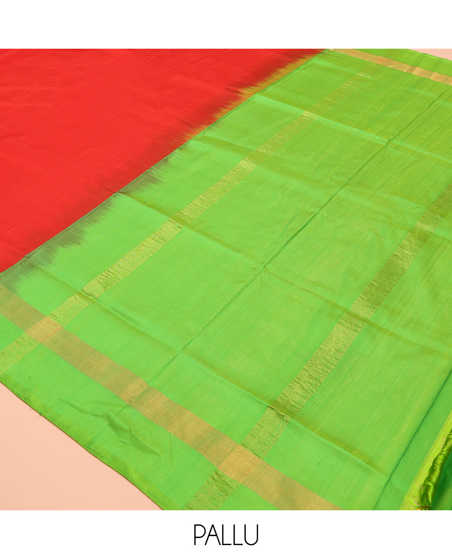 Red Plain Uppada Silk Saree, Complemented by a Contrast Plain Border, Pallu of Zari Designs, and Paired with a Contrast Blouse