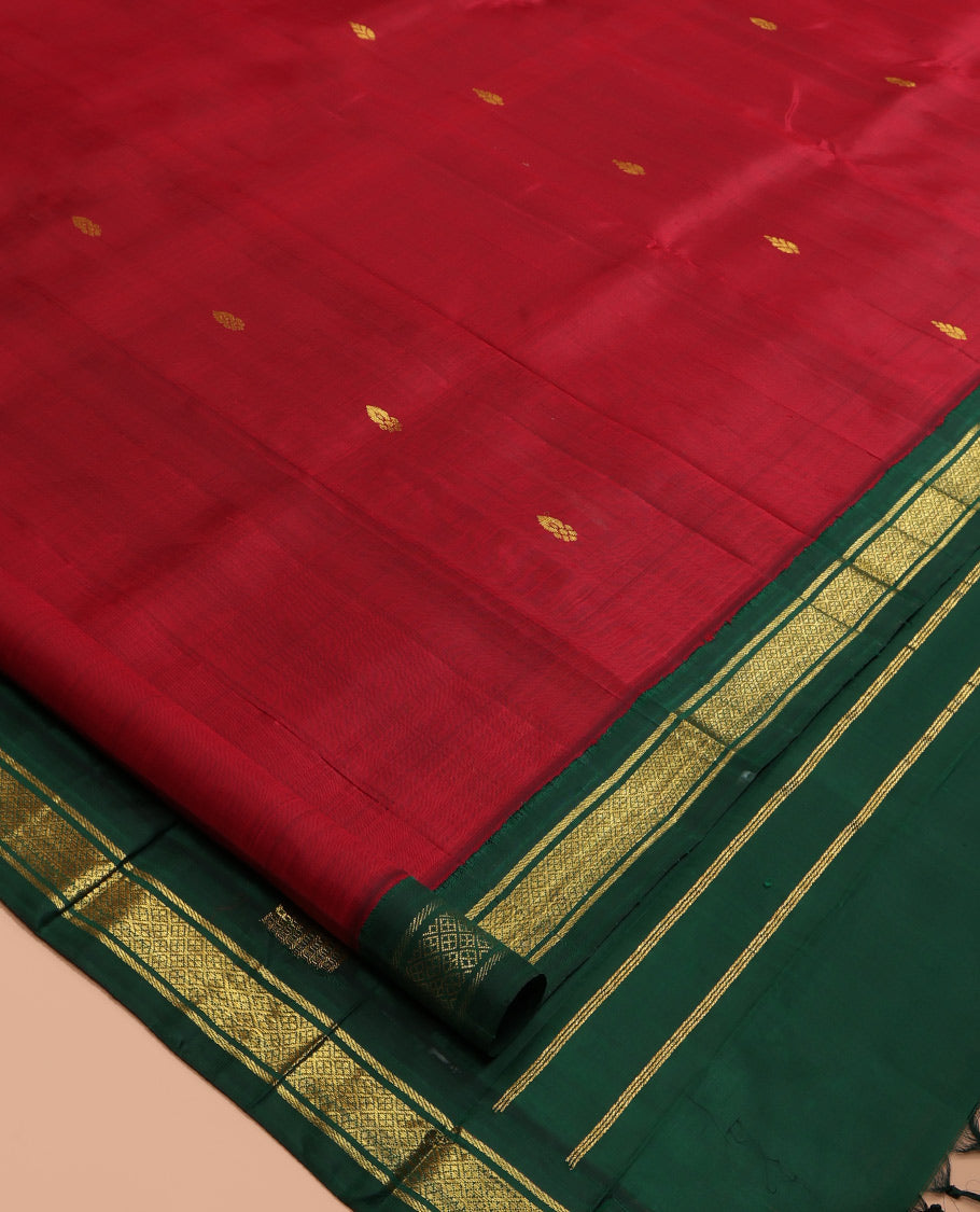 Red Kanchipuram Silk Saree, Woven with Zari Buttas, a Contrast Korvai One-Sided Border of Banaras, and Jaal Designs, Zari Design Pallu, and No Blouse