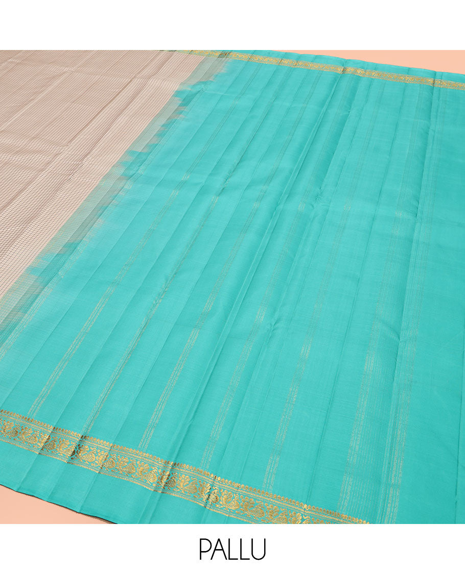 Off-White Kanchipuram Silk Saree, Accentuated with Micro-Checked Design All Over Its Body, Complemented by Contrast Kal Erangina Border of Thilakam Mokku, Banaras, Muthu, and Mayil Designs, Subtly Zari Striped Pallu, and Paired with a Contrast Blouse