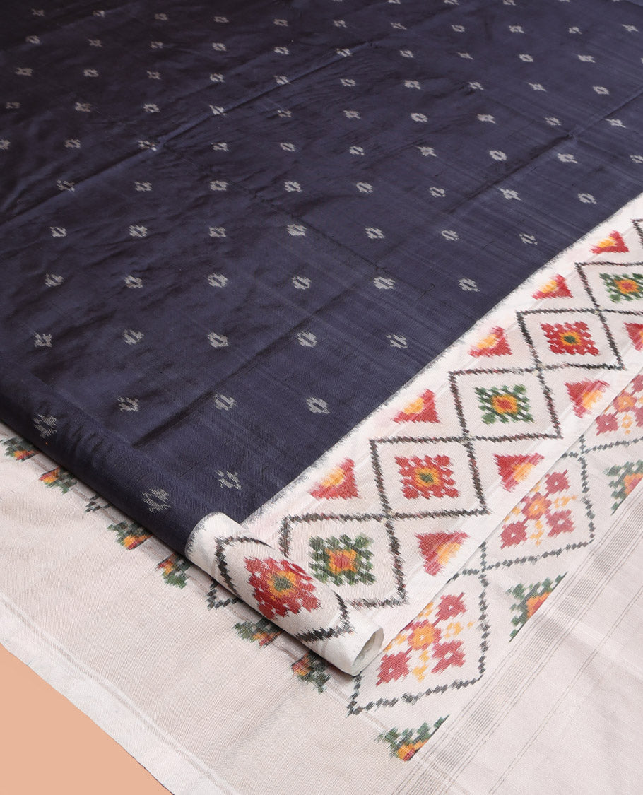 Grey Pochampally Ikat Silk Saree, Subtly Sparkled with Ikkat Buttas on Its Body, Complemented by a Contrast Diamond-Patterned Border, Pallu of Diamond-Patterns, and Paired with a Contrast Blouse
