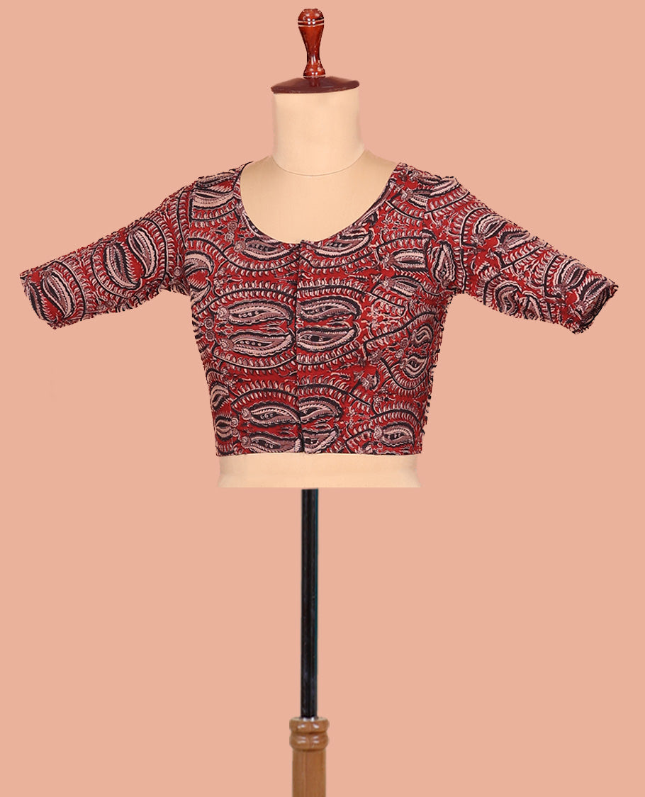 Chilli Red Cotton Readymade Blouse Subtly Printed with All-Over Flora-Paisley Vine, Featuring a Front Round-Neck, a Back Round-Neck, and Elbow Sleeves