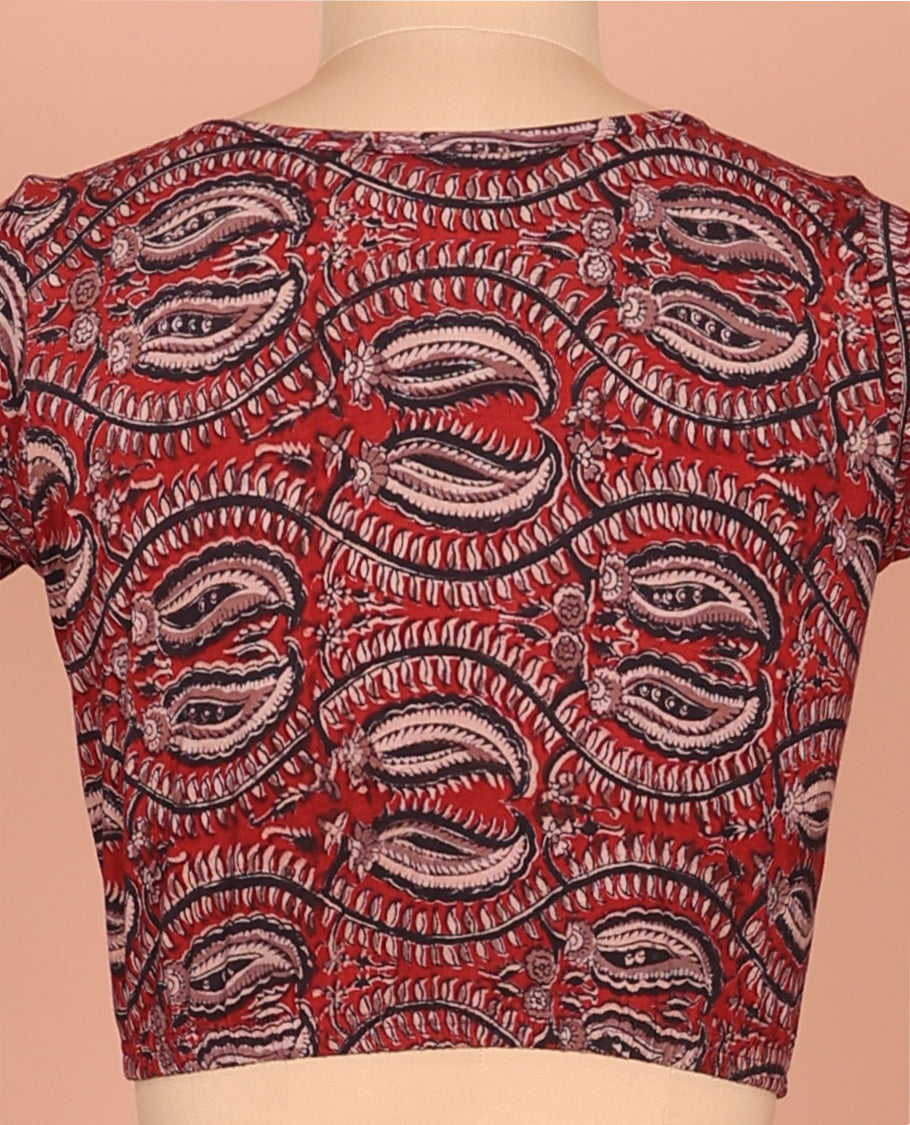 Chilli Red Cotton Readymade Blouse Subtly Printed with All-Over Flora-Paisley Vine, Featuring a Front Round-Neck, a Back Round-Neck, and Elbow Sleeves