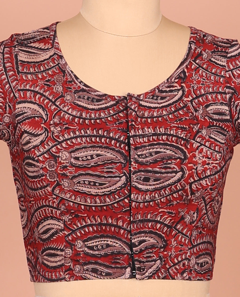 Chilli Red Cotton Readymade Blouse Subtly Printed with All-Over Flora-Paisley Vine, Featuring a Front Round-Neck, a Back Round-Neck, and Elbow Sleeves
