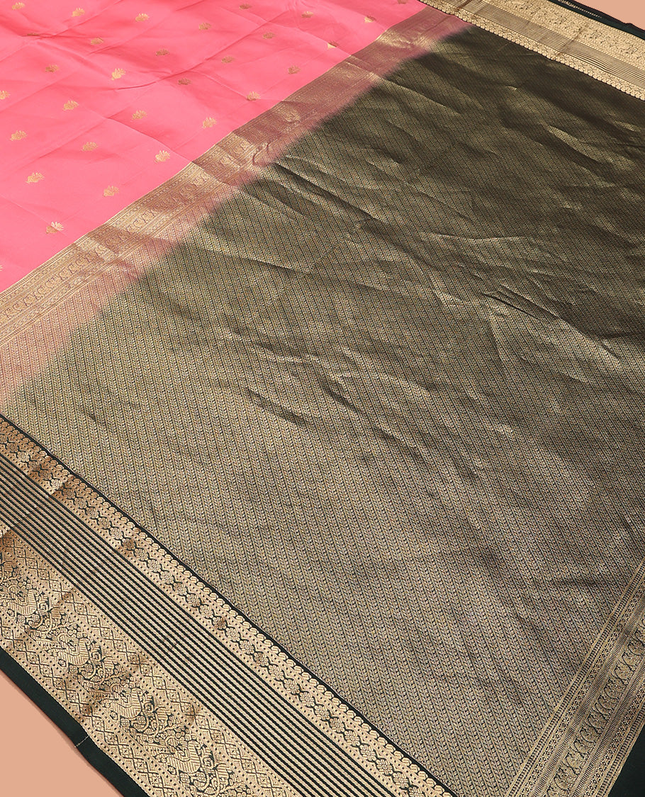 Pink zari buttas Vasundhara silk mix saree, contrast border of manga, muthu, kamalam, diamond, and mayil designs, and pallu of leaf vine