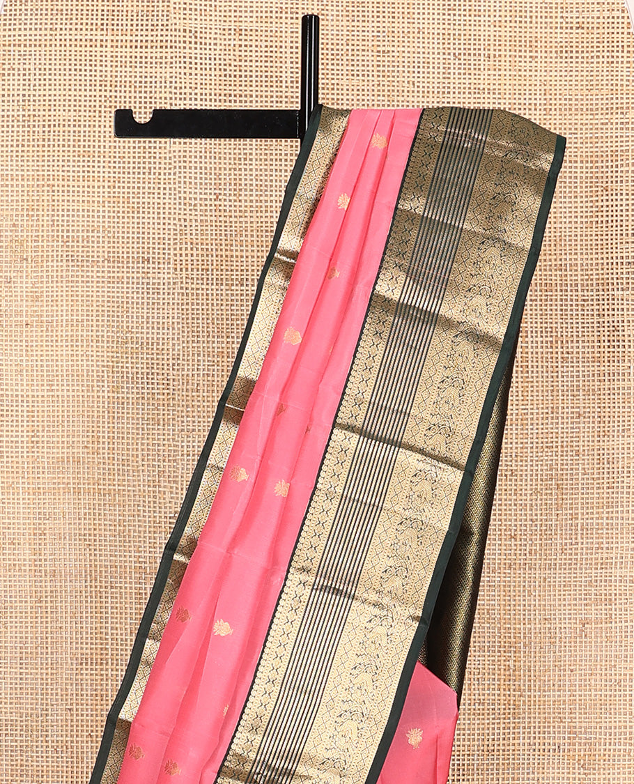 Pink zari buttas Vasundhara silk mix saree, contrast border of manga, muthu, kamalam, diamond, and mayil designs, and pallu of leaf vine