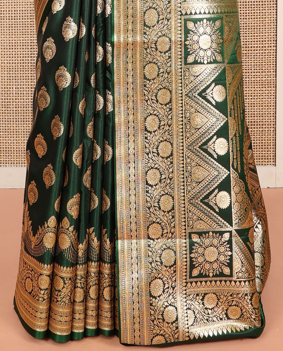 Green Banarasi Nylon Saree, Richly Detailed with Zari Buttas, Highlighted by a Traditional Zari Border, Intricate Pallu, and a Matching Blouse