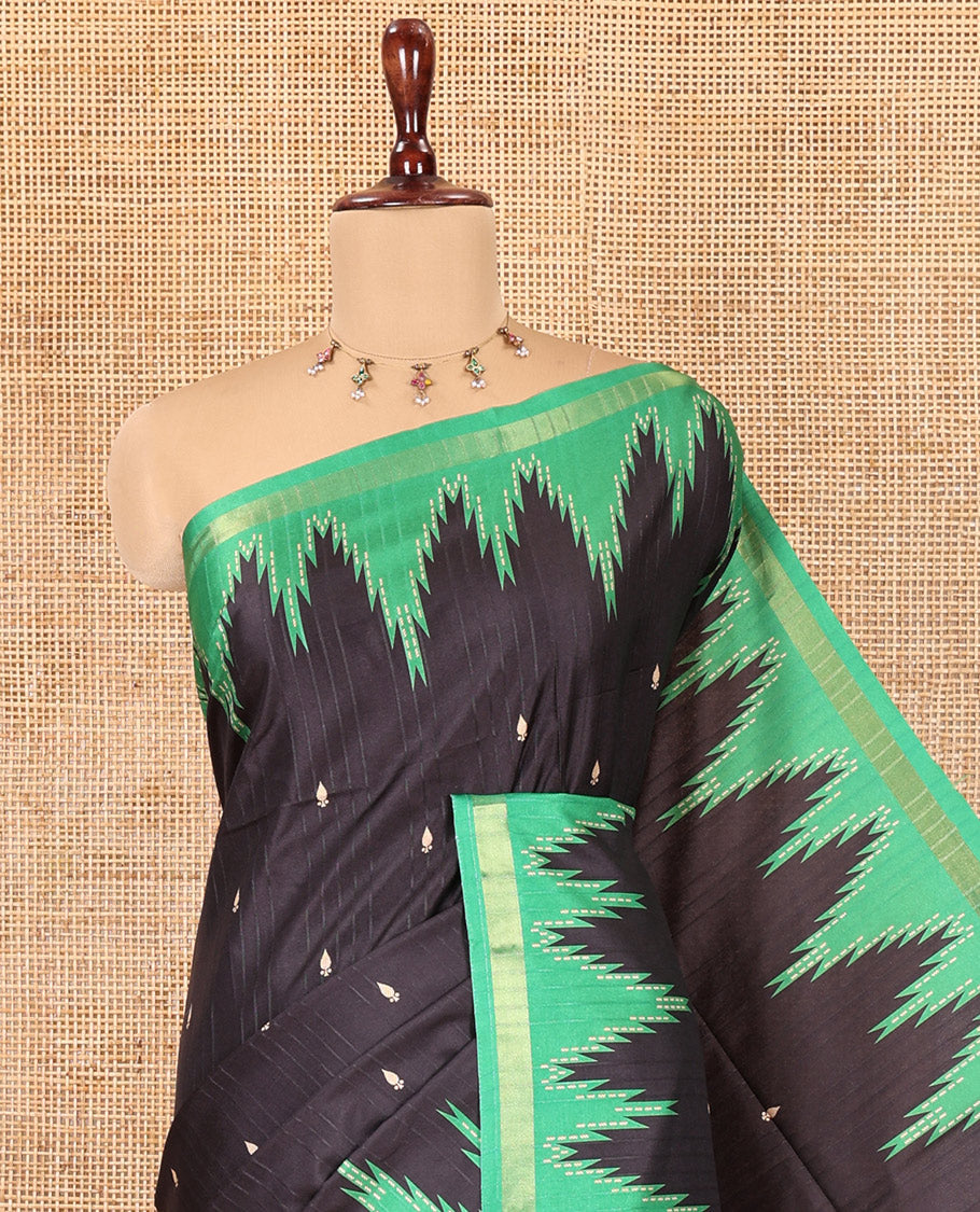 Black Kathan Silk Saree Adorned with Buttas, Contrast Temple Border, Temple pallu, and Striped Blouse