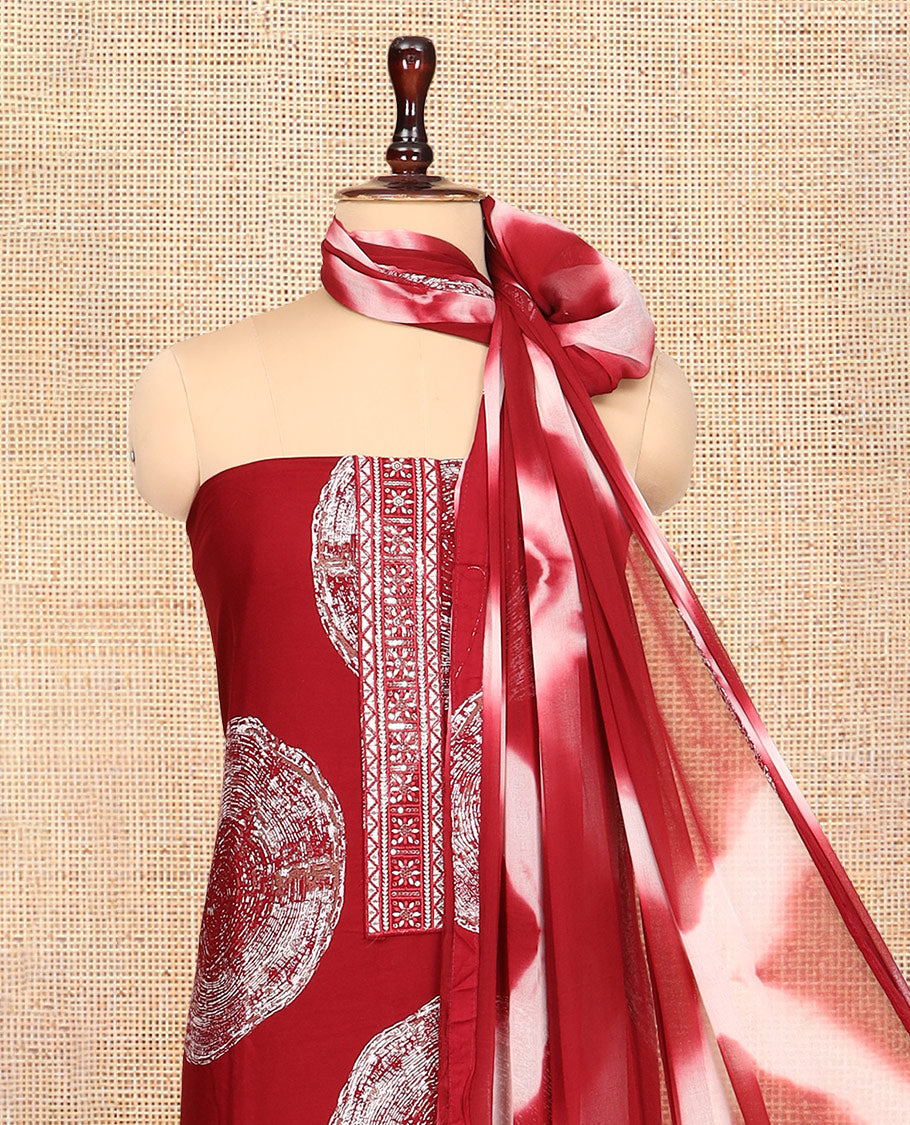 Maroon Rayon Material Churidar Features Circle Buttas and Neck Embroidery Top, a Contrast Bottom, Shibori Printed Dupatta