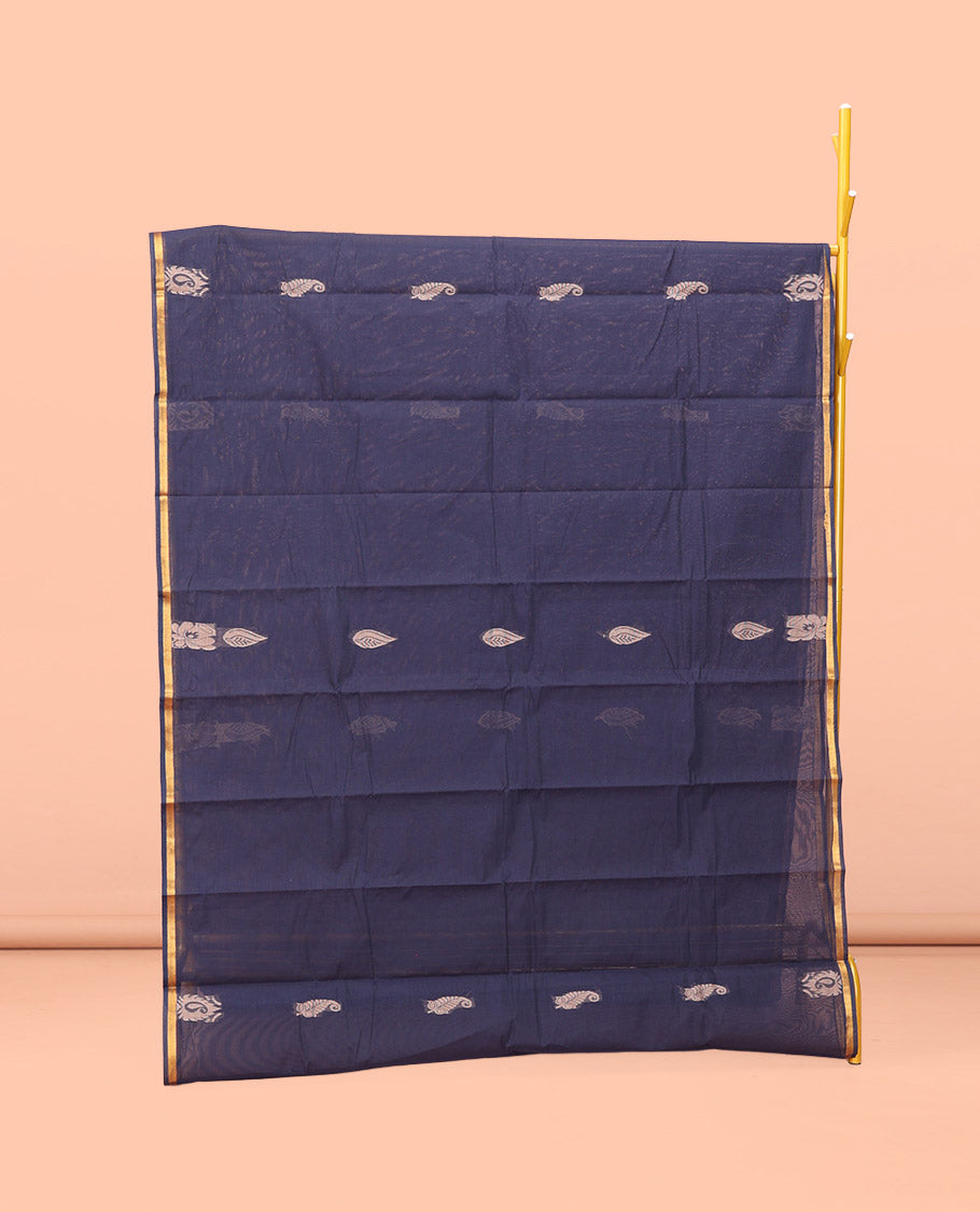 Navy Blue Kanchi Cotton Saree, Adorned with Buttas All Over Its Body, a Subtle Zari Border, Intricately Designed Pallu, and Paired with a Matching Blouse