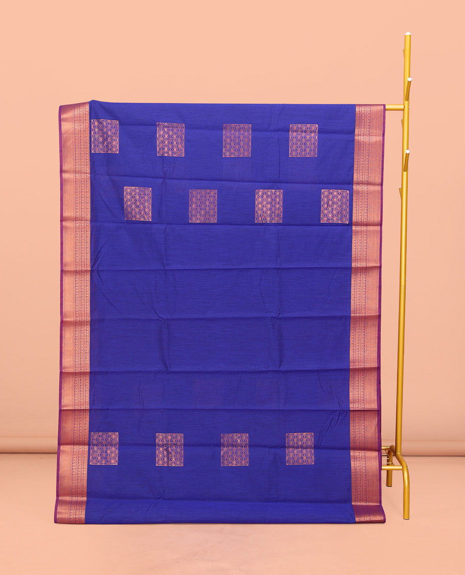 Royal Blue Semi-Silk Cotton Saree, Adorned with Zari Buttas All Over Its Body, Complemented by a Contrast Traditional Zari Design Border, Pallu of Star Design, and Paired with a Contrast Blouse