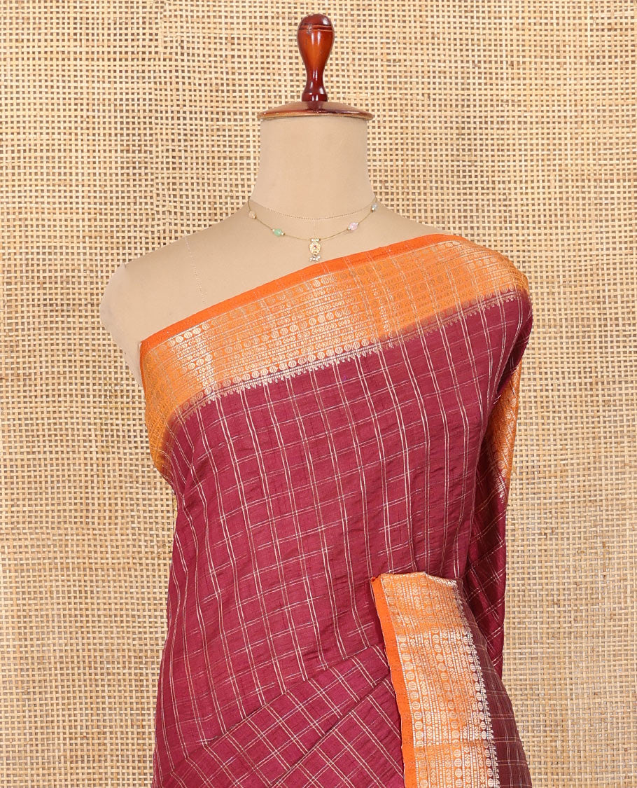 Red Semi-Banarasi Dupion Saree, Adorned with Checks, Complemented by a Contrast Traditional Design Border, Striped Pallu, and Paired with a Contrast Blouse