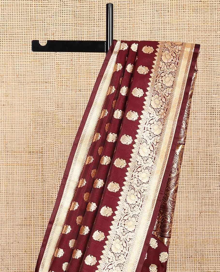 Maroon floral buttas semi banaras nylon saree with self intricate zari design border & floral design pallu