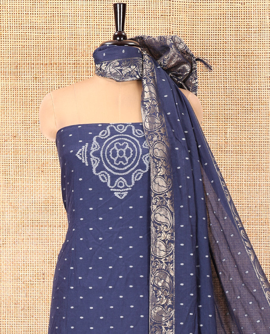 Blue Mul Chanderi Material Chudidar Set, Subtly Printed with Bandhani-Style Printed Top, a Plain Santoon Bottom, and Paired with a Matching Mul Chanderi Bandhani-Dotted and Zari-Woven Dupatta