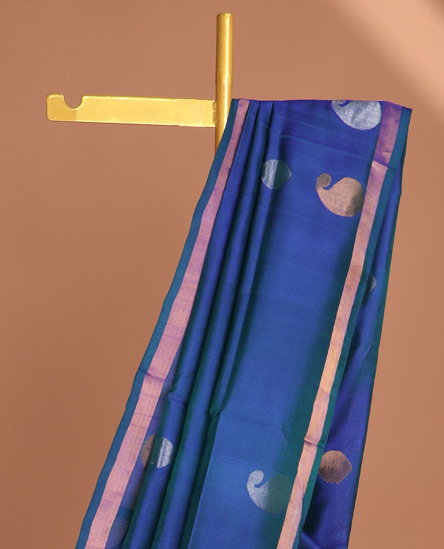 Blue uppada saree with unique buttas, plain border & pallu of unique motif & paisleys