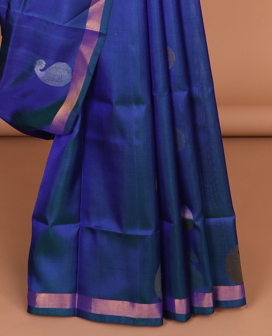 Blue uppada saree with unique buttas, plain border & pallu of unique motif & paisleys