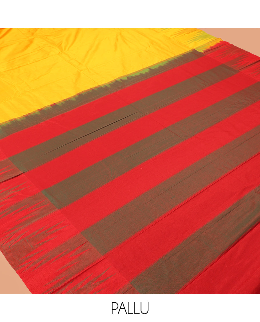 Yellow Plain Bangalore Silk Saree, Complemented by a Contrast Temple Border, Striped Pallu, and a Contrast Blouse