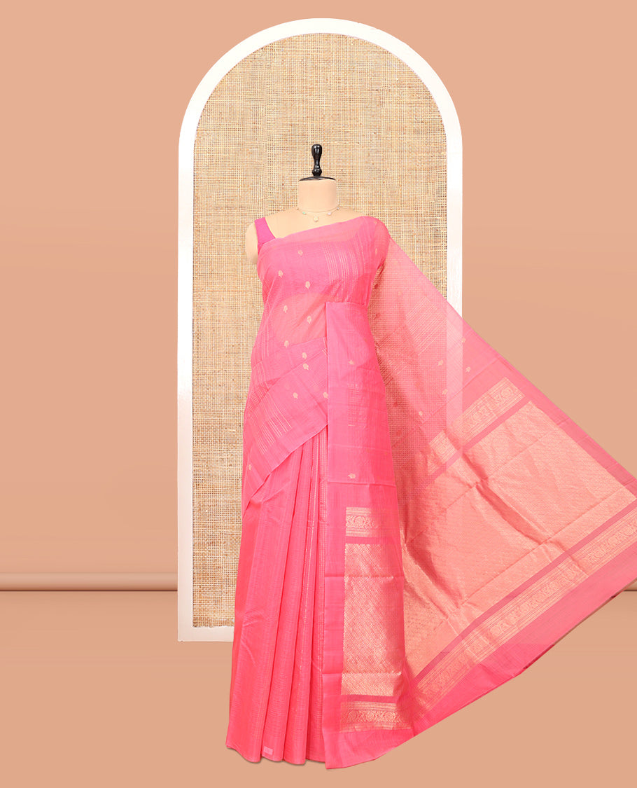 Borderless Pink Silk Cotton Saree, Adorned with Zari Buttas and Stripes, Grand Pallu, and a Matching Blouse