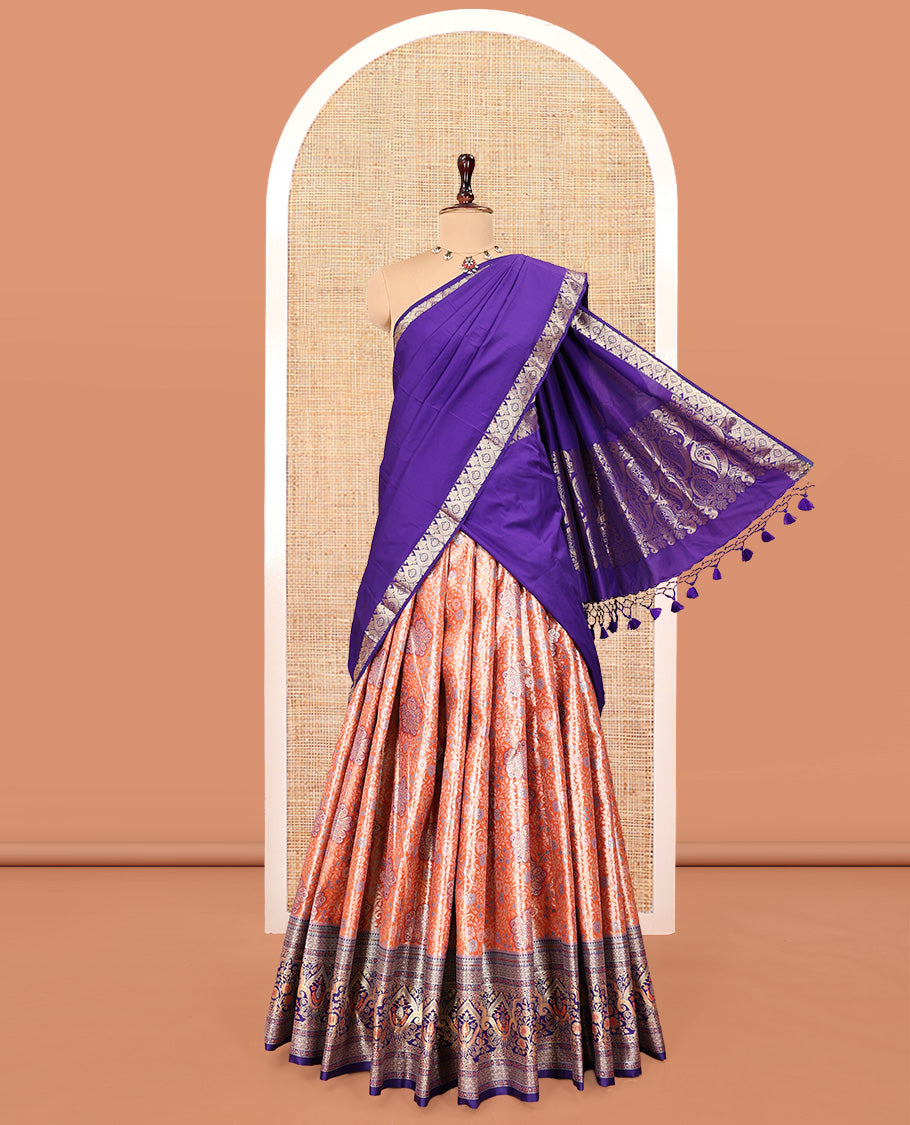 Orange Art Silk Material Half Saree Set, Adorned with Jacquard Design Skirt, a Contrast Meenakari Border, Contrast Blouse, and an Intricately Designed Dhavani