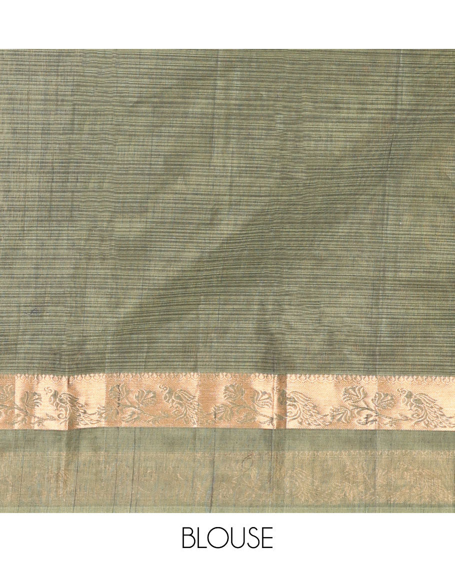 Peacock Blue Silk Cotton Saree, Adorned with Zari Buttas, Complemented by a Contrast Traditional Zari Border, Grand Jaal Pallu, and a Contrast Blouse