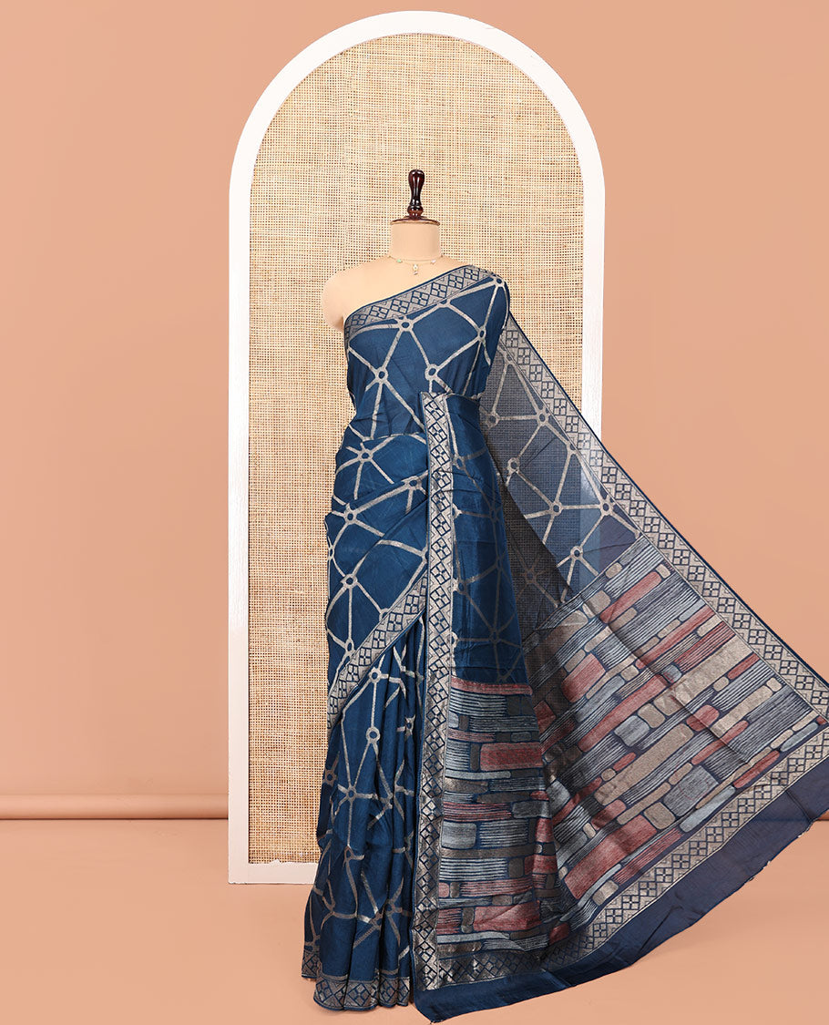 Royal Blue Chanderi Cotton Saree, Bedecked with Geometric Web-Patterns Weave On Its Body, Subtle Geometric Border, Pallu of Geometric Weave, and Paired with a Matching Blouse