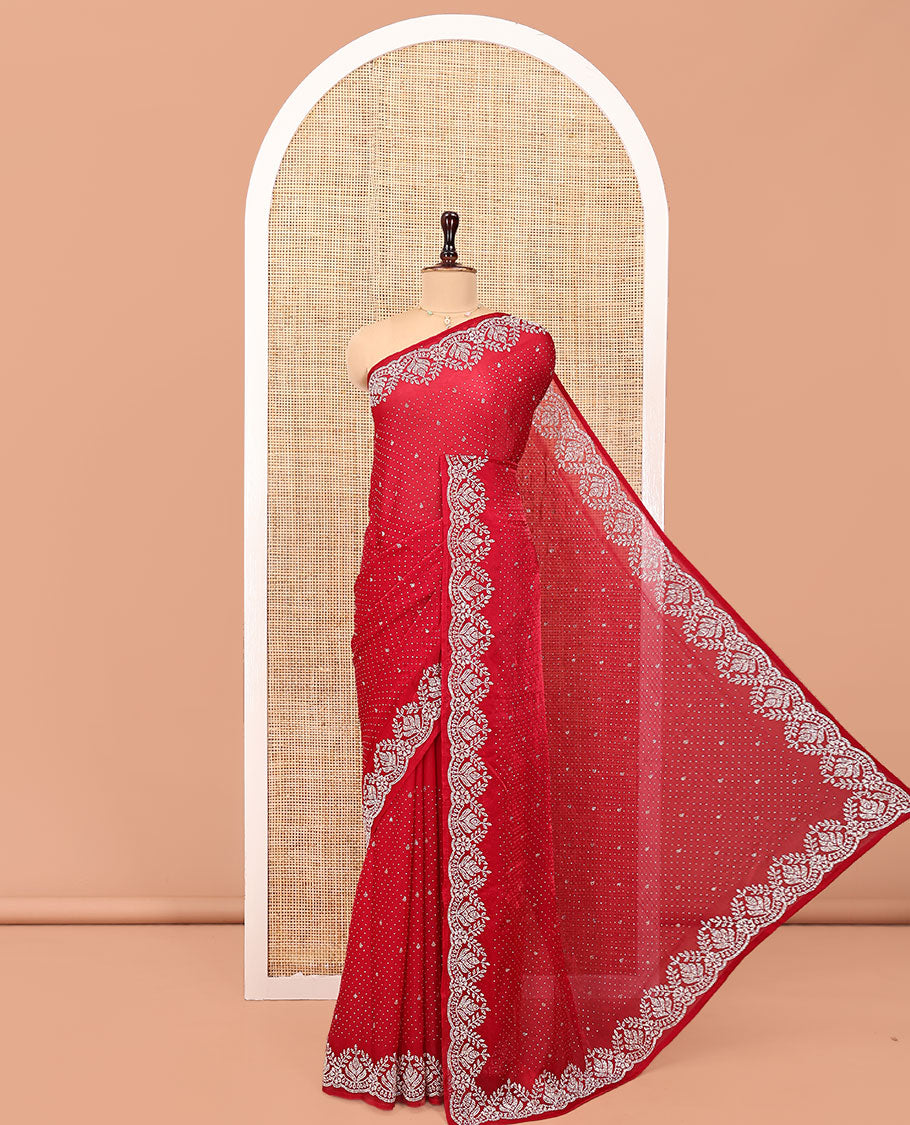 Red Designer Saree, Beautified with Stone Work On Its Body, Highlighted by Intricately Stone Work Border, and Paired with a Matching Blouse