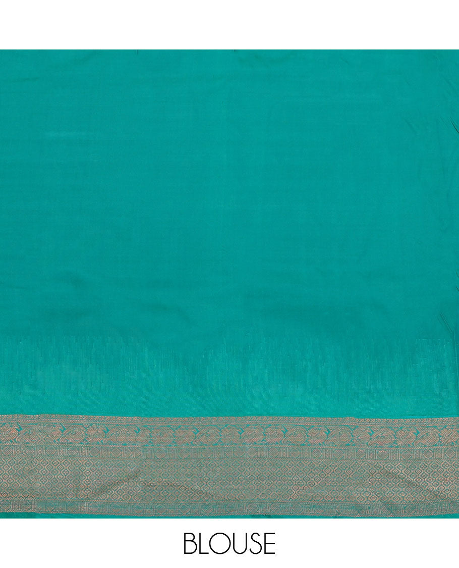 Green Budget Silk Saree, Adorned with Buttas All Over Its Body, Complemented by a Contrast Temple Traditional Zari Design Border, Geometric-Patterned Pallu, and Paired with a Contrast Blouse