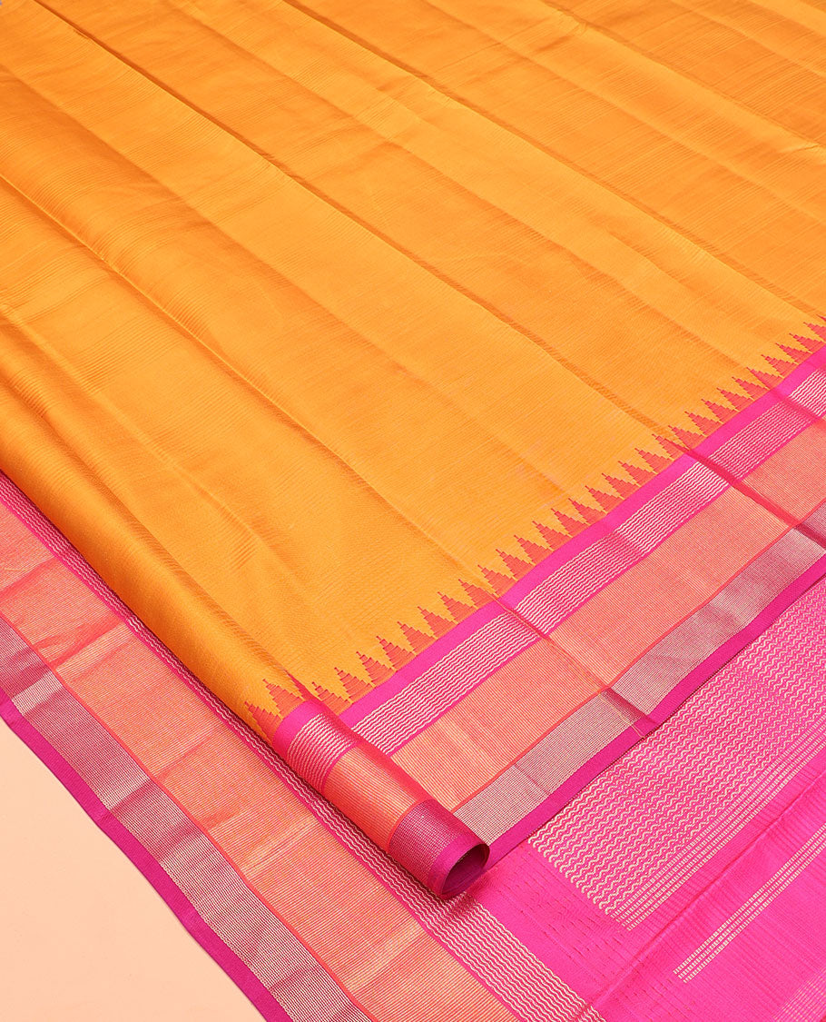 Orange-Striped Bangalore Silk Saree, Complemented by a Contrast Temple Ganga-Jamuna Border, Pallu of Temple and Neli Designs, and a Contrast Blouse