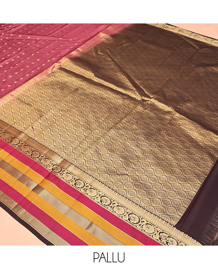 Brown Vasundhara Lite Silk Mix Saree, Adorned with Zari Buttas On Its Body, Complemented by Contrast Border of Kodi Visiry, Diamond and Neli Designs, Ogee Patterned Pallu and Paired with a Contrast Blouse