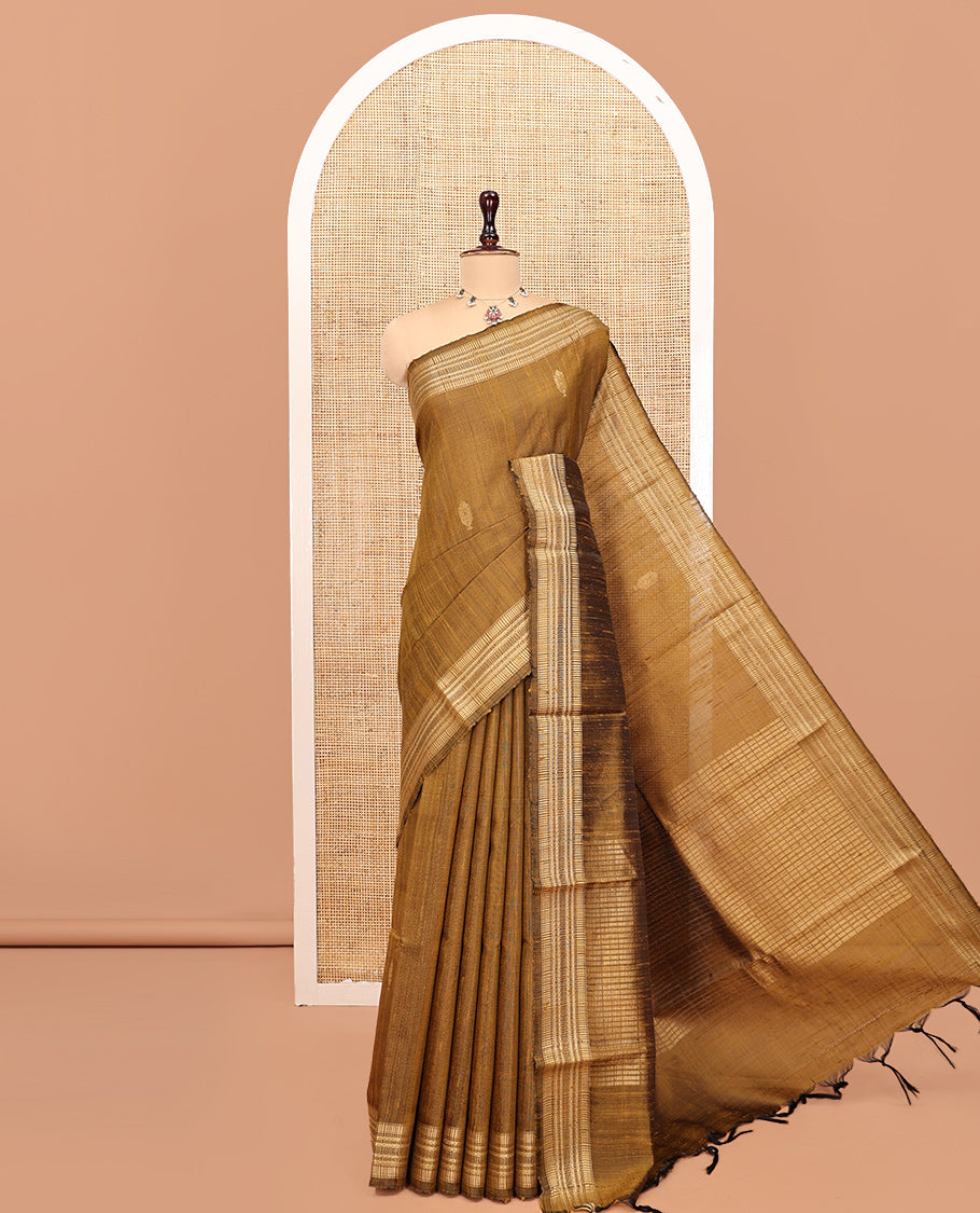 Mustard Dupion Silk Saree, Graced with Buttas, Highlighted by a Traditional Border, Striped Pallu, and a Matching Blouse