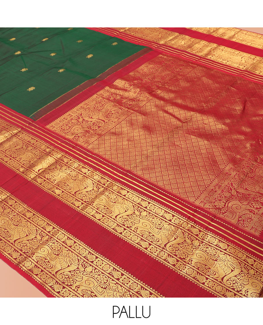 Green Kanchipuram Silk Saree, Adorned with Zari Buttas, Complemented by a Contrast Rettai Pettu Border of Rekku, Meen, and Yaali, Grand Jaal Pallu, and Contrast Blouse