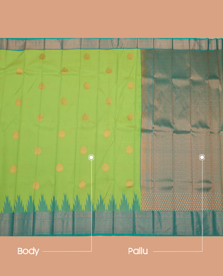 Green Budget Silk Saree, Adorned with Buttas All Over Its Body, Complemented by a Contrast Temple Traditional Zari Design Border, Geometric-Patterned Pallu, and Paired with a Contrast Blouse