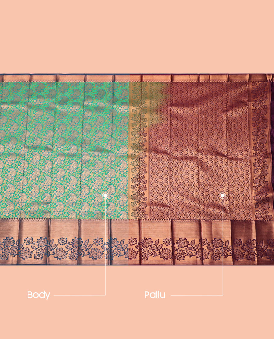 Green Budget Silk Saree, Adorned with Paisley Jacquard, Complemented by Contrast Traditional Zari Border, Intricate Pallu, and a Contrast Blouse
