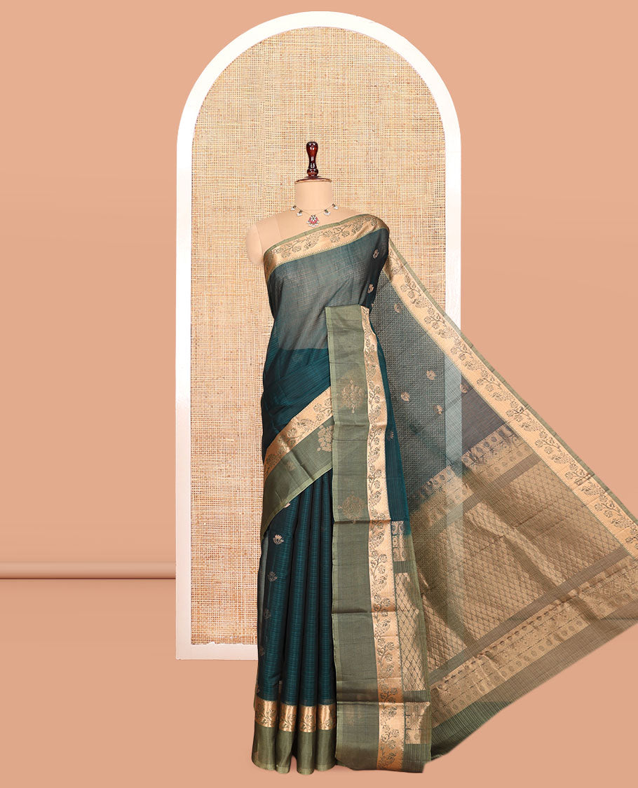 Peacock Blue Silk Cotton Saree, Adorned with Zari Buttas, Complemented by a Contrast Traditional Zari Border, Grand Jaal Pallu, and a Contrast Blouse