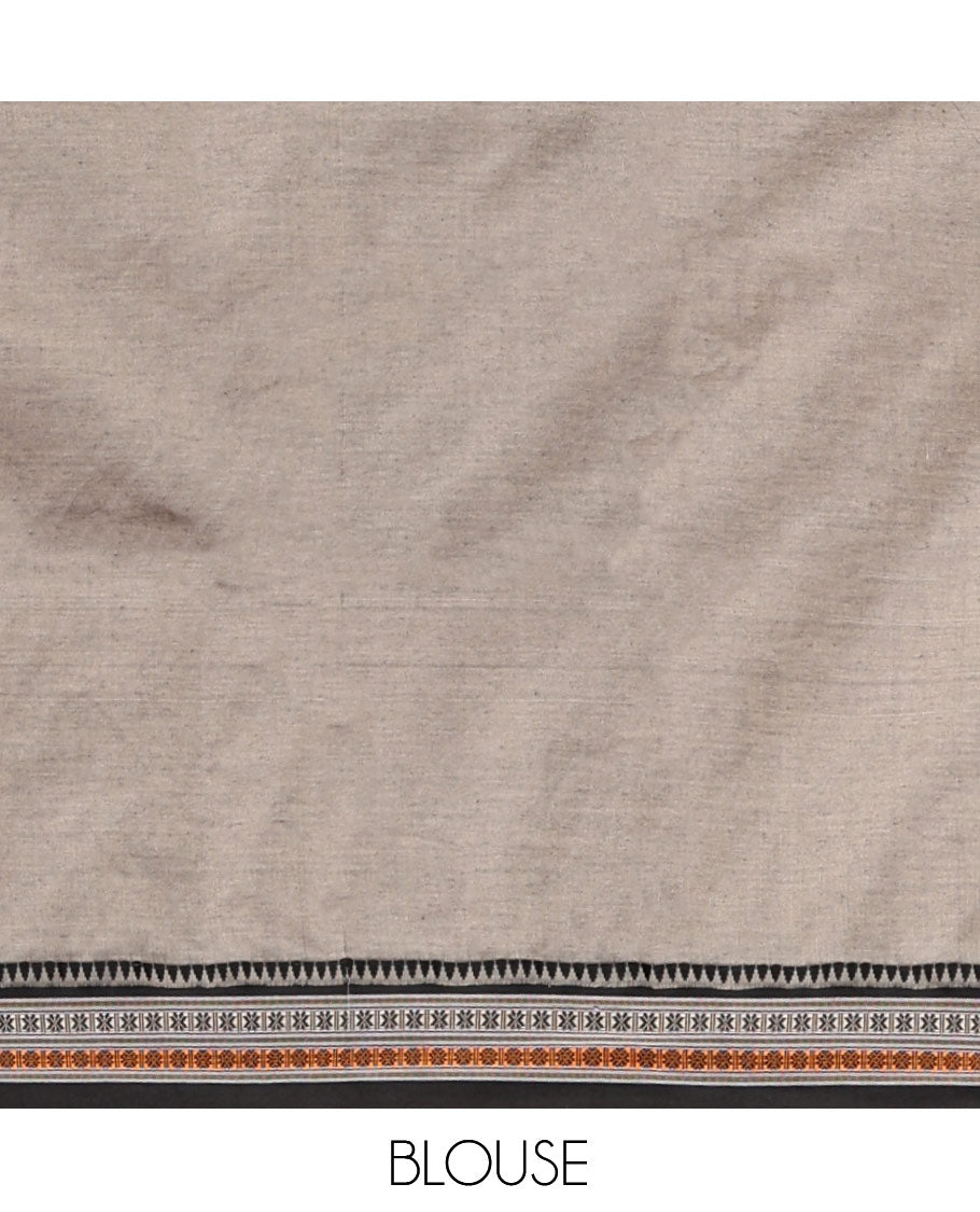 Grey Plain Narayanpet Cotton Saree, Complemented by a Contrast Traditional Thread Temple Border, Striped Pallu, and a Matching Blouse