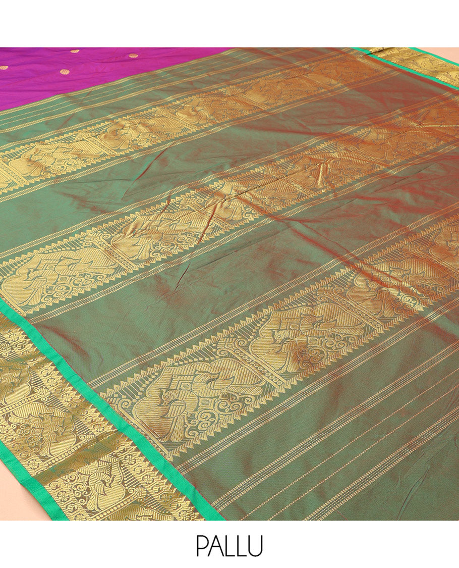 Rani Art-Silk Nine Yard Saree, Adorned with Zari Buttas, Complemented by a Contrast Traditional Zari Border, Pallu of Peacock Designs, and No Blouse