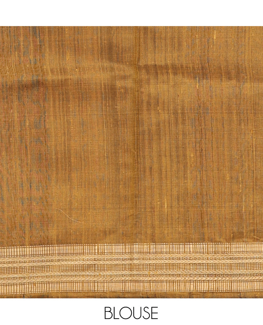 Mustard Dupion Silk Saree, Graced with Buttas, Highlighted by a Traditional Border, Striped Pallu, and a Matching Blouse