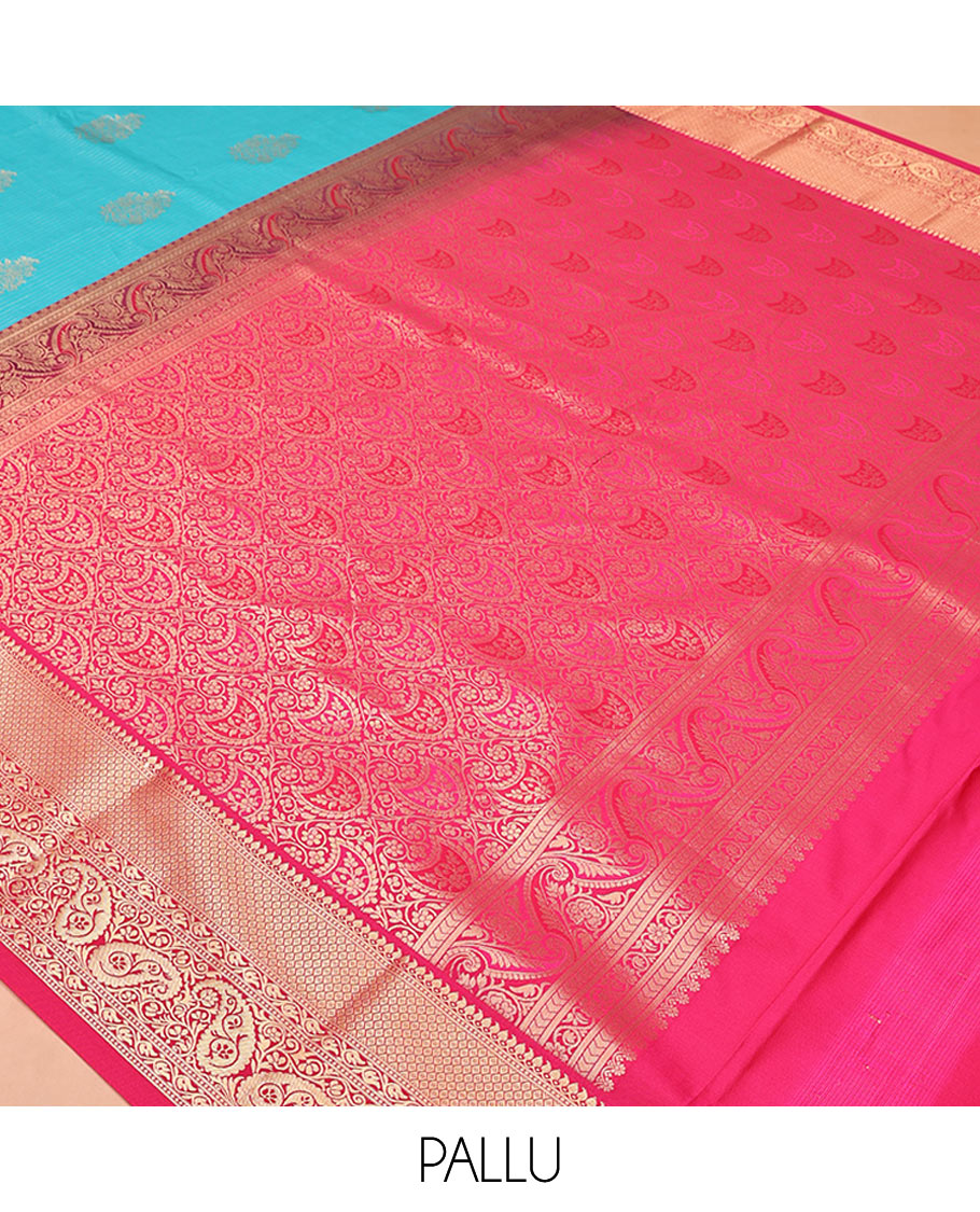 Peacock Green and Rani Pink Budget Silk Saree, Embellished with Vaira Oosi Stripes and Zari Buttas All Over Its Body, Complemented by Contrast Traditional Zari Designs Woven Border of Paisleys, Grand Pallu and Paired with a Contrast Blouse