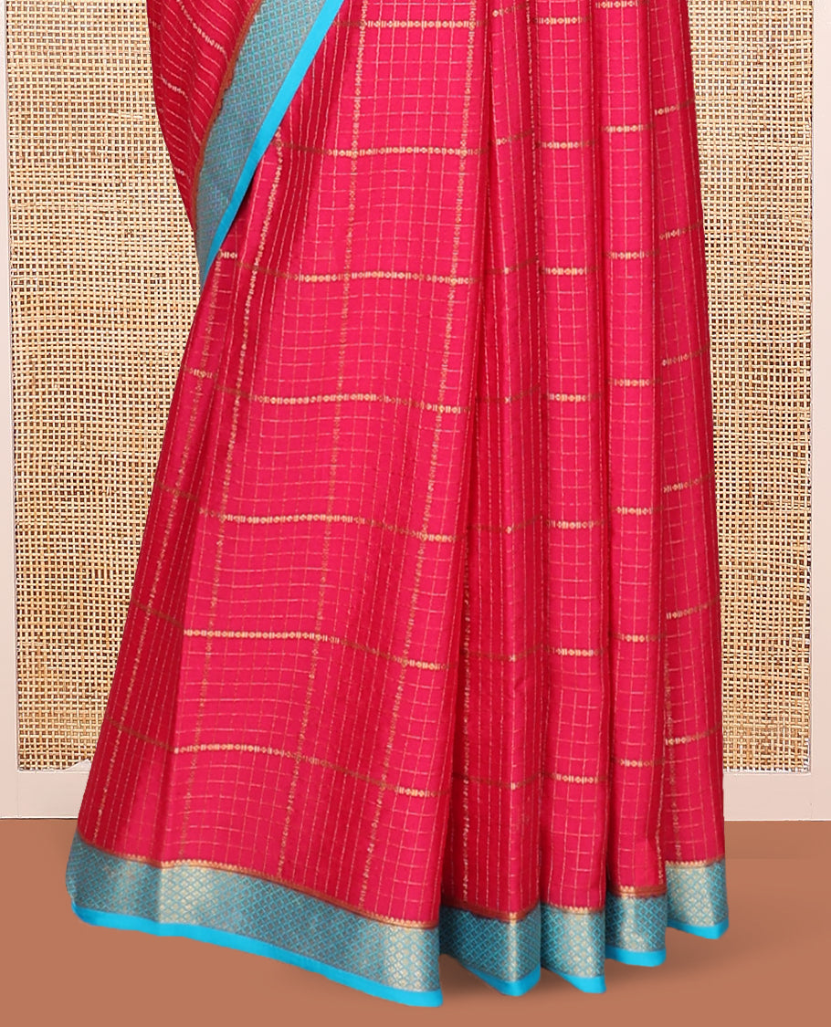 Red Mysore Silk Saree, Gleamed with Zari Checked Design On Its Body, Complemented by Captivating Contrast Traditional Zari Designs Woven Border, Subtly Zari Striped Pallu, and Paired with a Contrast Blouse