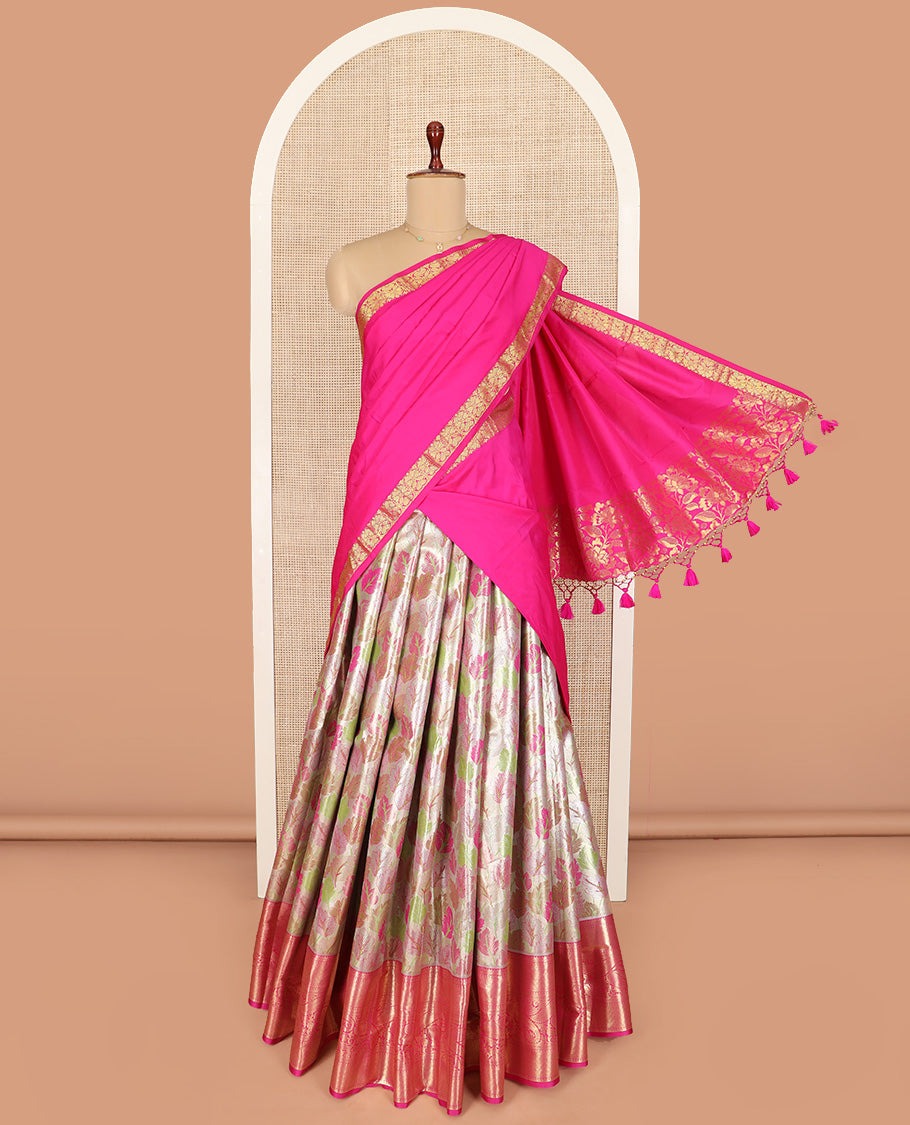 Light Gold-Base Art Silk Material Half Saree Set Featuring Meenakari Leaf Jacquard Skirt, a Contrast Traditional Zari-Designed Steeped Border, a Zari Jacquard Blouse, and a Dhavani Sparked with Zari Designs