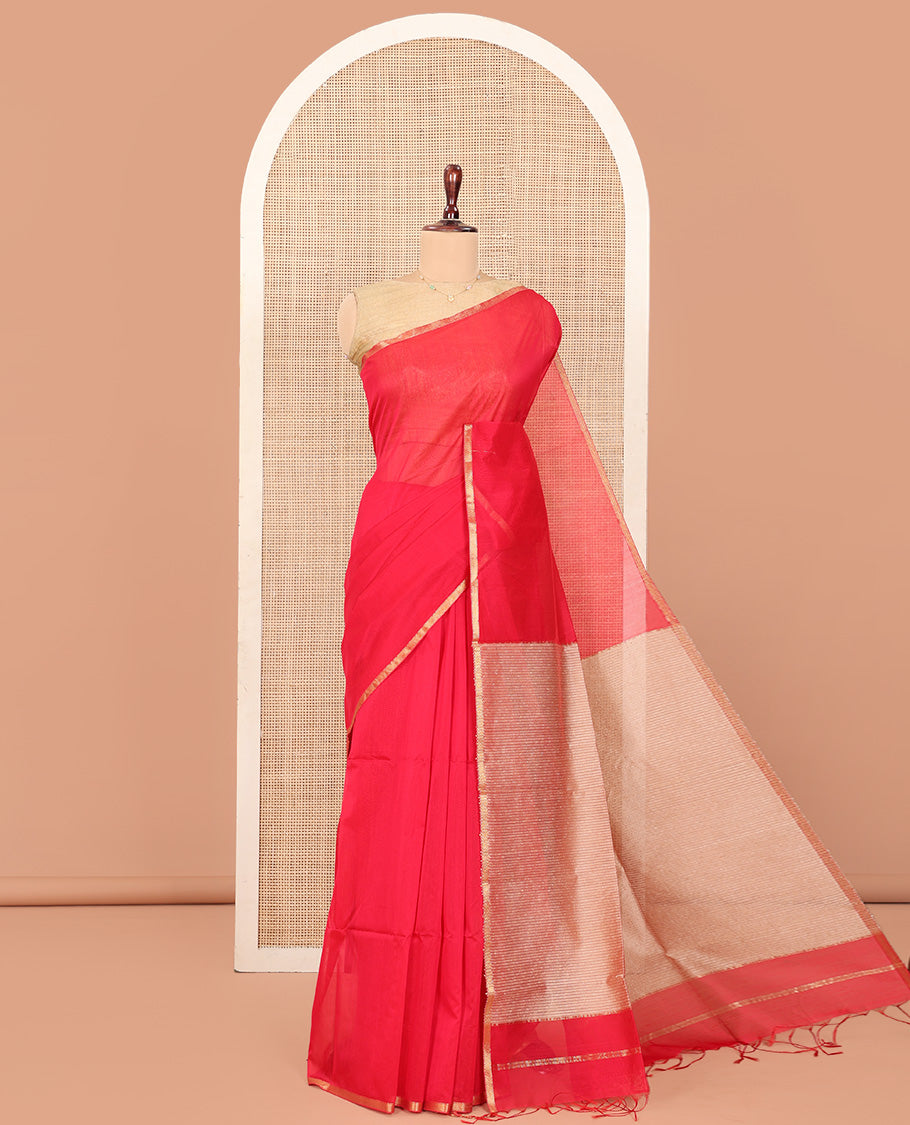 Red Plain Maheshwari Cotton Saree, Subtle Zari Piping Border, Pallu Steeped with Stripes, and Paired with a Contrast Blouse