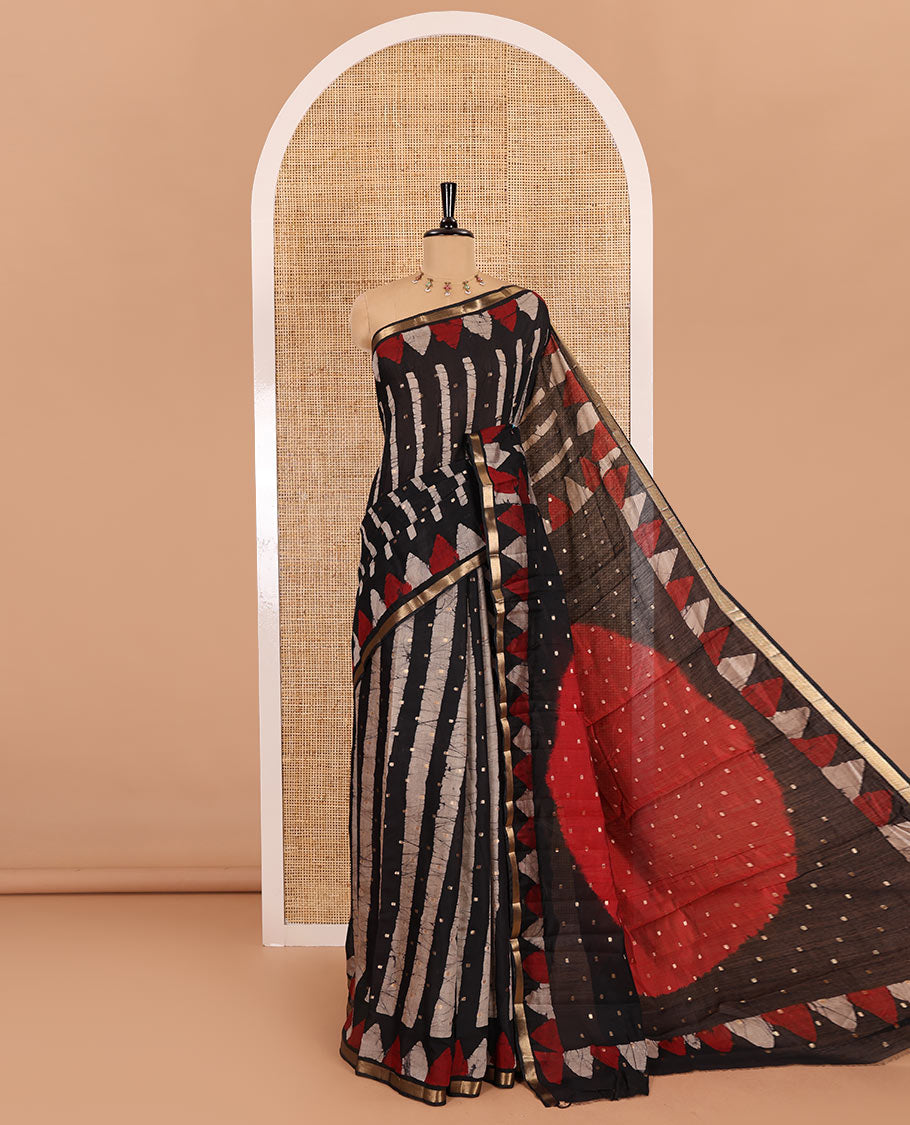Black batik printed with zari buttas woven chanderi cotton saree, piping zari border, big circle printed pallu, and contrast zari buttas blouse